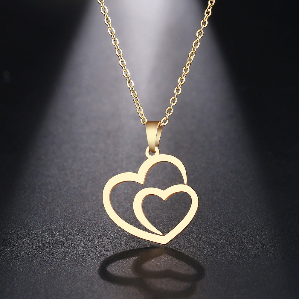 Collier Double Cœur en Acier Inoxydable