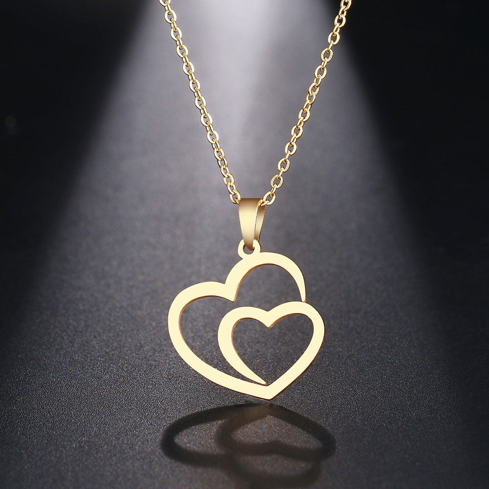 Collier Double Cœur en Acier Inoxydable