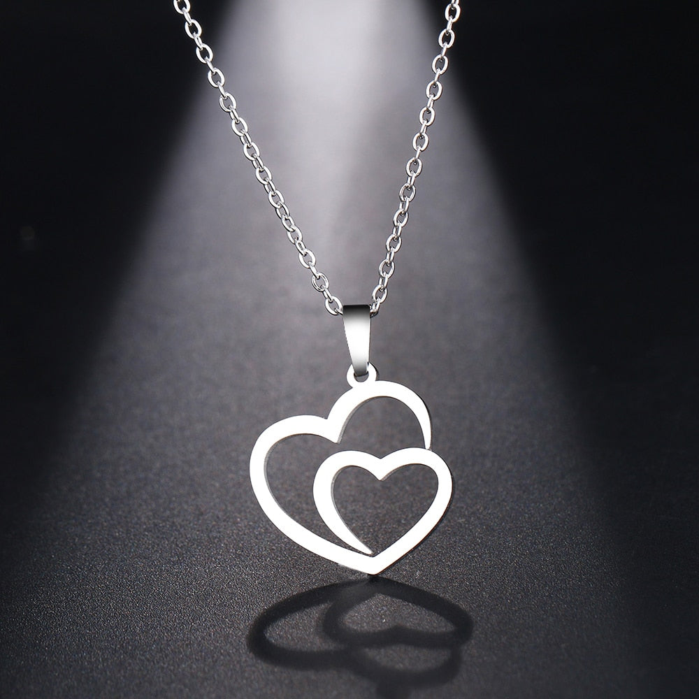 Collier Double Cœur en Acier Inoxydable