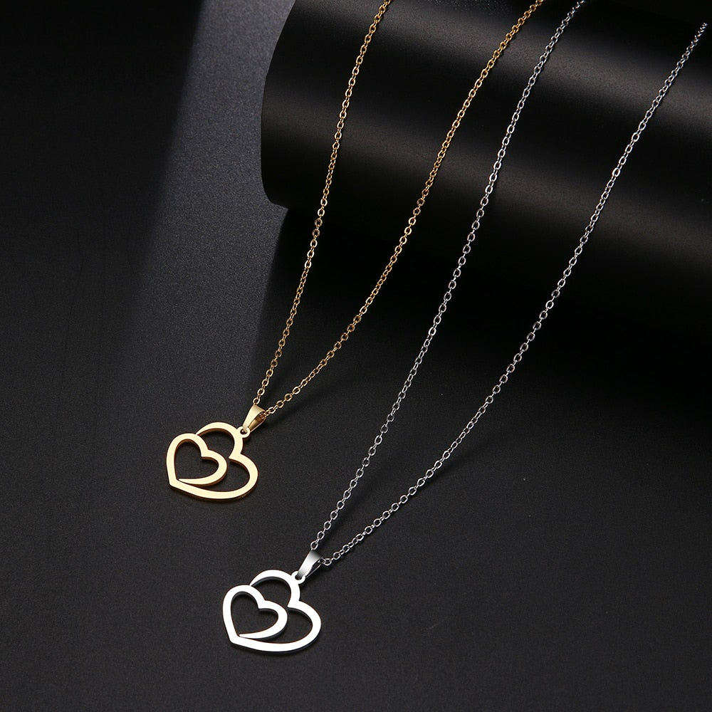 Collier Double Cœur en Acier Inoxydable