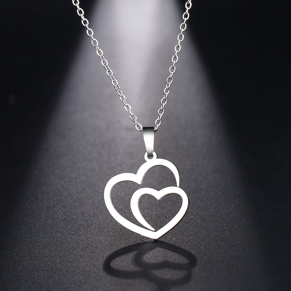 Collier Double Cœur en Acier Inoxydable