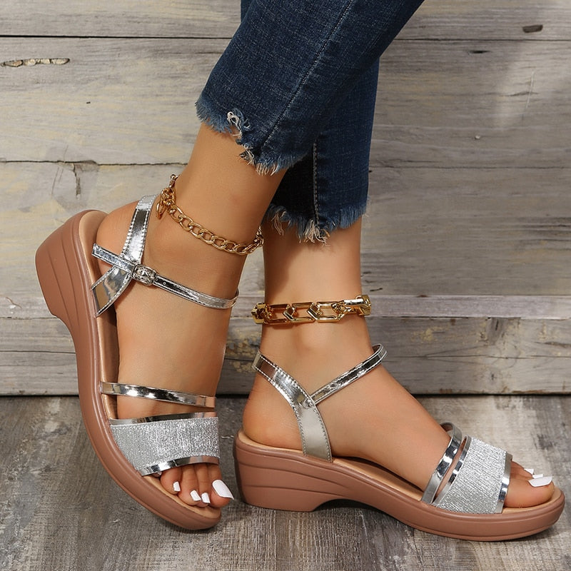 Sandales Femmes Talons 4.5cm Plateforme Dorée