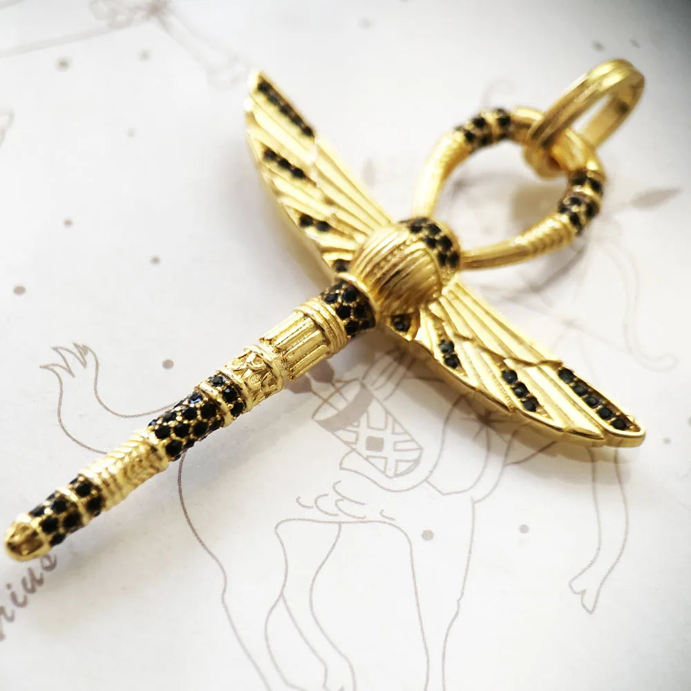 Pendentif Croix de Vie Ankh avec Scarabée Doré