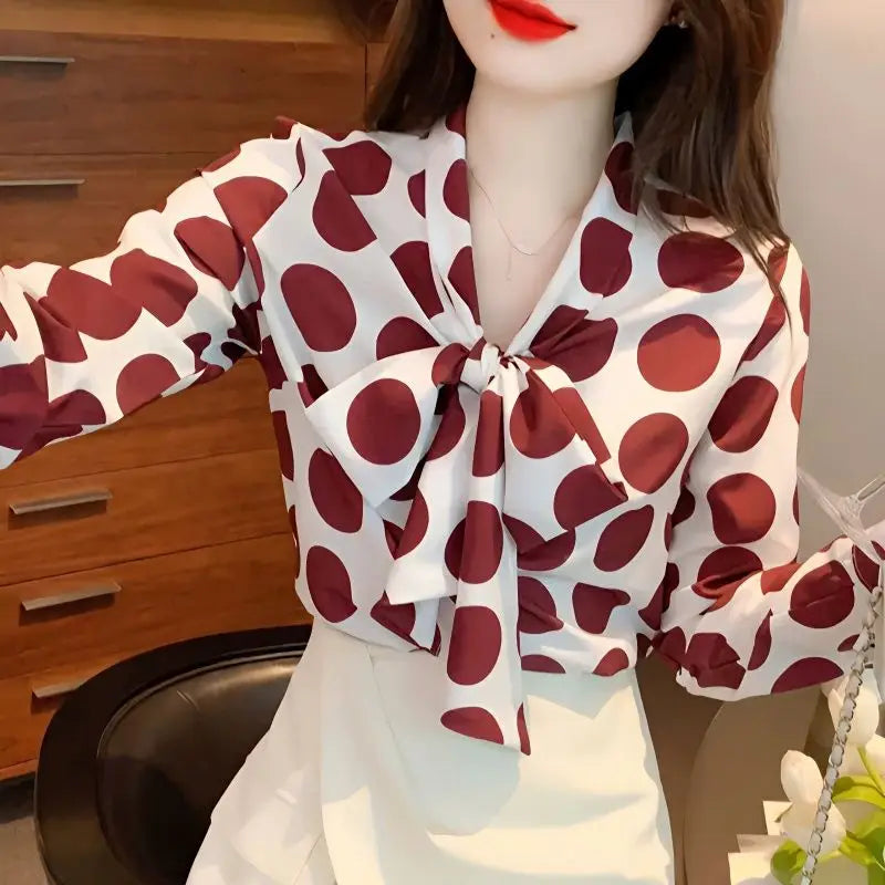 Chemisier Vintage à Pois avec Nœud et Laçage
