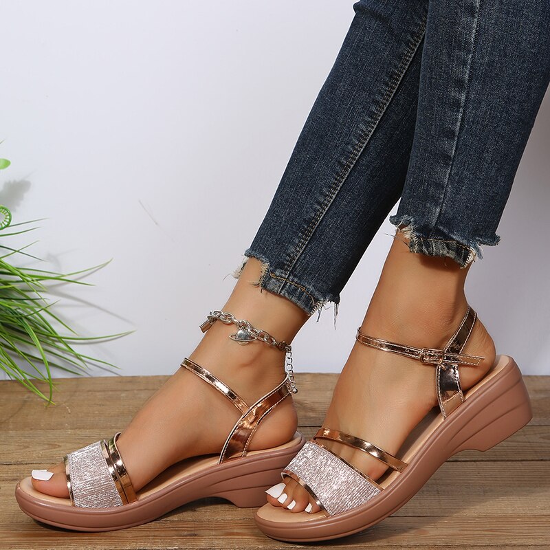 Sandales Femmes Talons 4.5cm Plateforme Dorée