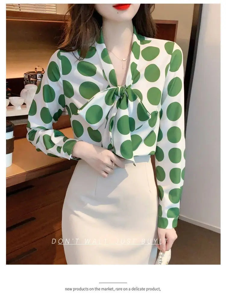 Vintage Polka Dot Bow Lacing Shirt Tops Spring Autumn New Long Sleeve Chiffon Loose Elegant Blouse Fashion Office Women Clothing