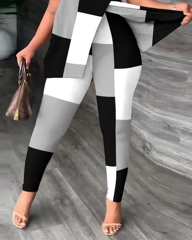 Elegant Women Two Piece Set Suits New Fashion Printed Ruffle Sleeve Top Solid Color Pants Set With Belt Blouses Female Clothing