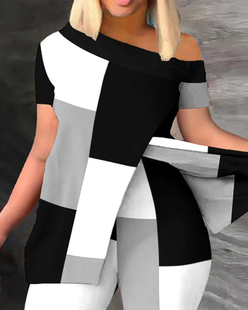 Elegant Women Two Piece Set Suits New Fashion Printed Ruffle Sleeve Top Solid Color Pants Set With Belt Blouses Female Clothing