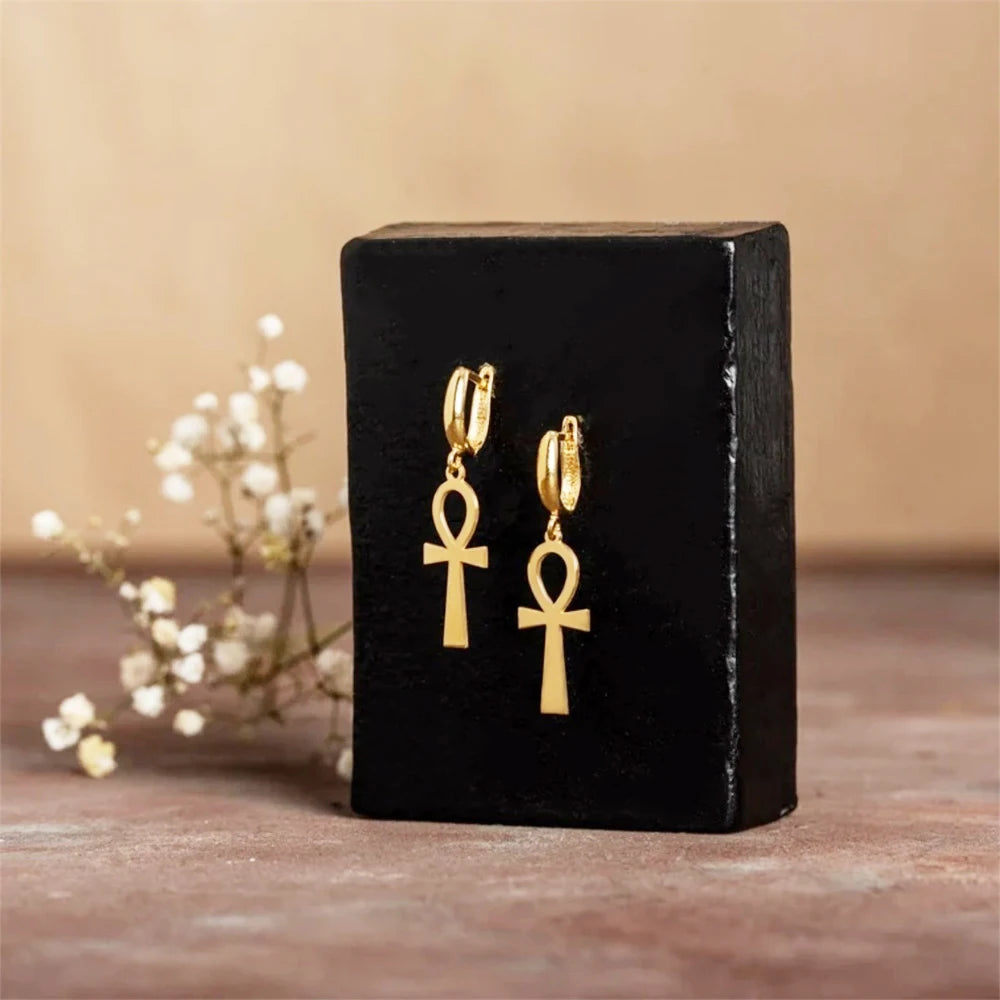 Tangula Women Gold Color Hoop Earrings Egyptian Ankh Cross Female Brincos Pendientes For Women Egypt Jewelry Party African Gift