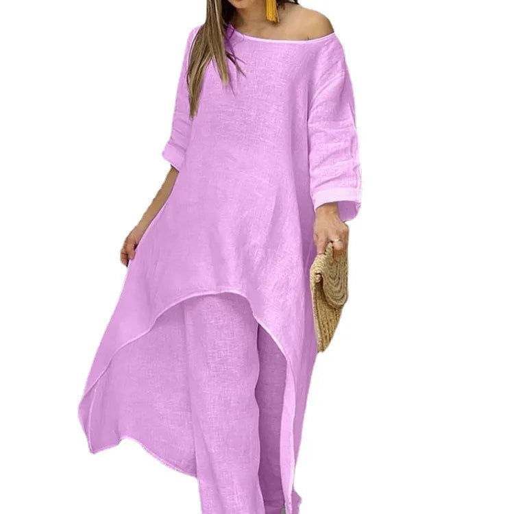 Women's Clothing, Linen And Cotton Suit, Long Sleeved Top, Oversized Pants, 2024 Informal Party Set Women's 2-piece Set