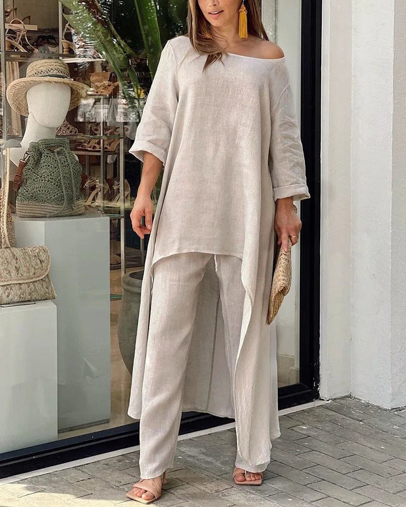 Women's Clothing, Linen And Cotton Suit, Long Sleeved Top, Oversized Pants, 2024 Informal Party Set Women's 2-piece Set