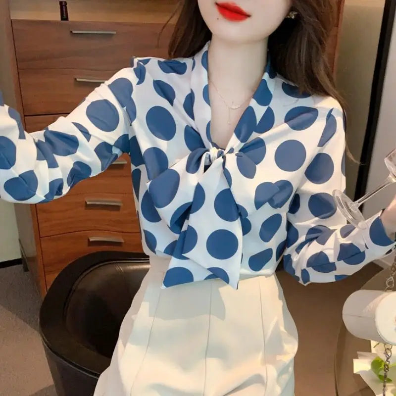 Vintage Polka Dot Bow Lacing Shirt Tops Spring Autumn New Long Sleeve Chiffon Loose Elegant Blouse Fashion Office Women Clothing