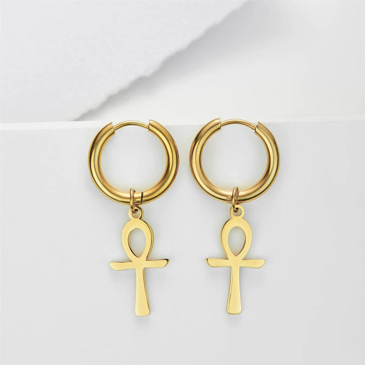 Skyrim Egypt Ankh Cross Drop Earrings Women Gold Color Stainless Steel Dangle Earrings Amulet Crucifix Egyptian Jewelry Gift