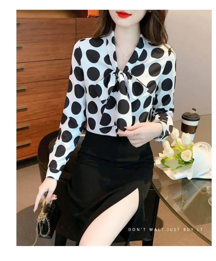 Vintage Polka Dot Bow Lacing Shirt Tops Spring Autumn New Long Sleeve Chiffon Loose Elegant Blouse Fashion Office Women Clothing