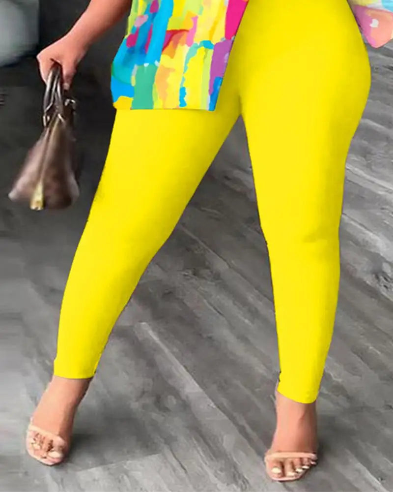 Elegant Women Two Piece Set Suits New Fashion Printed Ruffle Sleeve Top Solid Color Pants Set With Belt Blouses Female Clothing