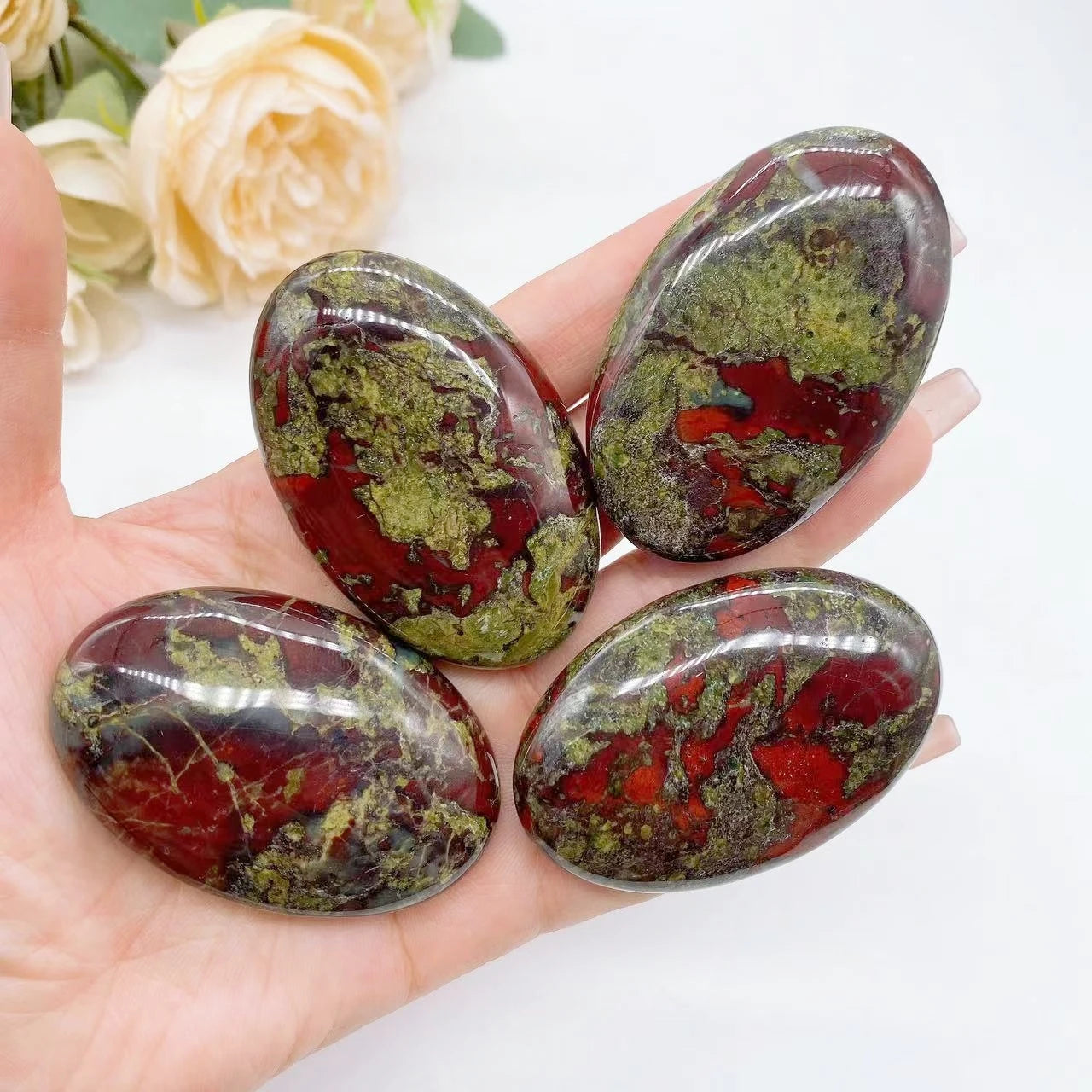 Natural Dragon Blood Stone Hot Compress Massage Palm Crystal Energy Reiki Healing Fingertip Toy Home Decoration Ellipse Gift