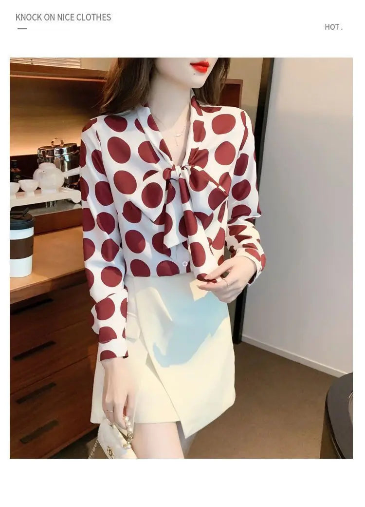 Vintage Polka Dot Bow Lacing Shirt Tops Spring Autumn New Long Sleeve Chiffon Loose Elegant Blouse Fashion Office Women Clothing