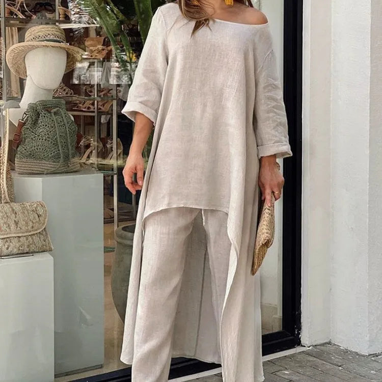 Women's Clothing, Linen And Cotton Suit, Long Sleeved Top, Oversized Pants, 2024 Informal Party Set Women's 2-piece Set