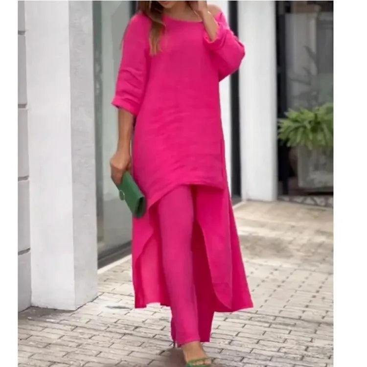 Women's Clothing, Linen And Cotton Suit, Long Sleeved Top, Oversized Pants, 2024 Informal Party Set Women's 2-piece Set