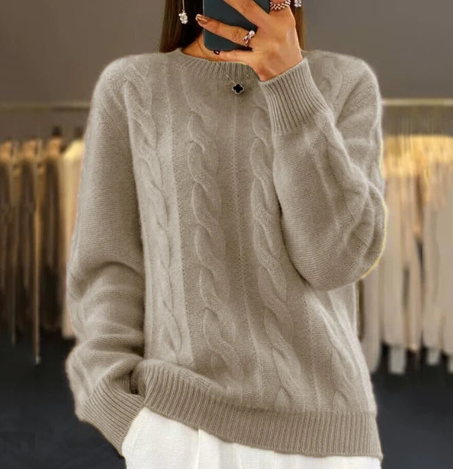 Women's Fashion Round Neck Solid Knit Upper Vintage Fried Dough Twists Pullover Sweater New Winter Female Casual Clothing