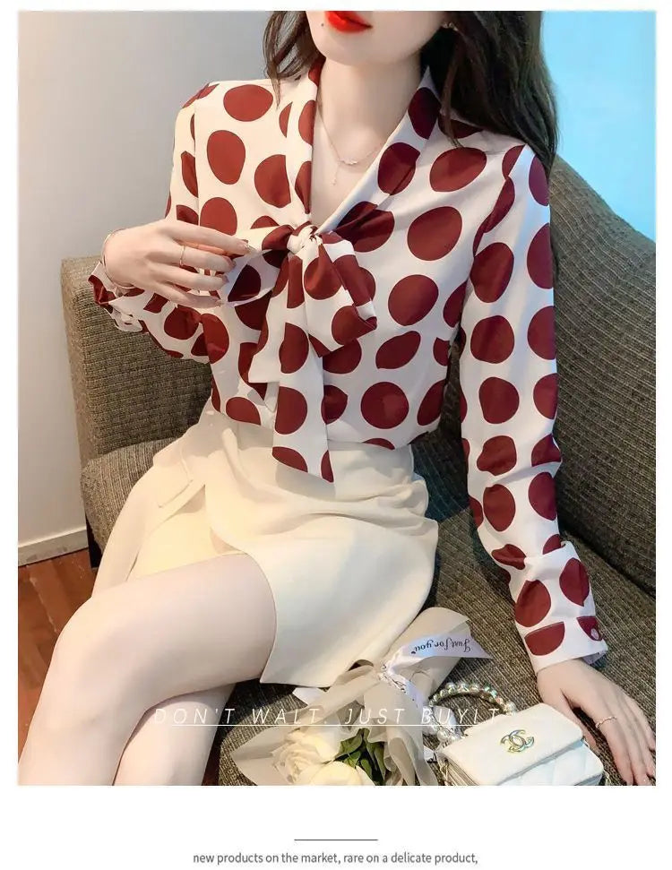 Vintage Polka Dot Bow Lacing Shirt Tops Spring Autumn New Long Sleeve Chiffon Loose Elegant Blouse Fashion Office Women Clothing