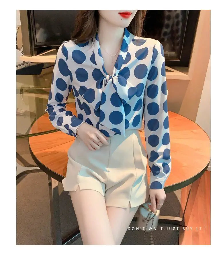 Vintage Polka Dot Bow Lacing Shirt Tops Spring Autumn New Long Sleeve Chiffon Loose Elegant Blouse Fashion Office Women Clothing