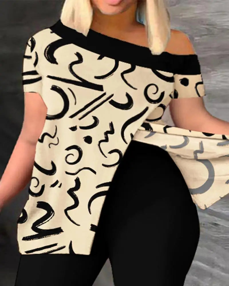 Elegant Women Two Piece Set Suits New Fashion Printed Ruffle Sleeve Top Solid Color Pants Set With Belt Blouses Female Clothing