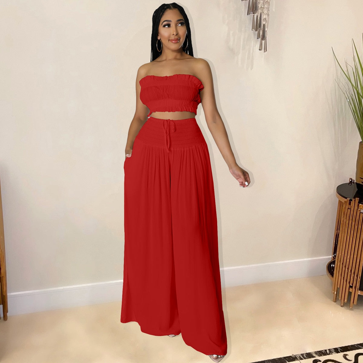 Women's Vacation 2 Piece Outfits Strapless Tube Crop Top and Wide Leg Loose Pants with Pockets 2023 Fashion Beachwear Tracksuit
