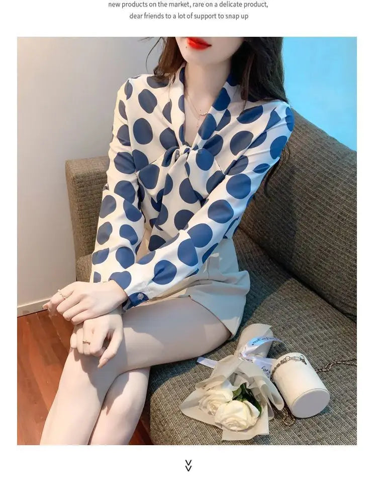 Vintage Polka Dot Bow Lacing Shirt Tops Spring Autumn New Long Sleeve Chiffon Loose Elegant Blouse Fashion Office Women Clothing