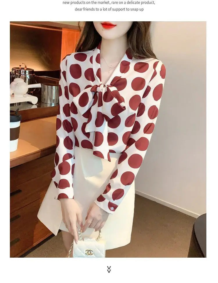 Vintage Polka Dot Bow Lacing Shirt Tops Spring Autumn New Long Sleeve Chiffon Loose Elegant Blouse Fashion Office Women Clothing