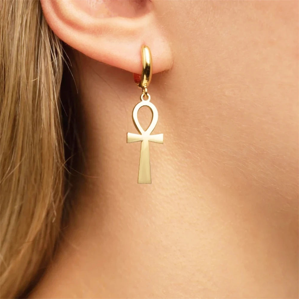 Tangula Women Gold Color Hoop Earrings Egyptian Ankh Cross Female Brincos Pendientes For Women Egypt Jewelry Party African Gift