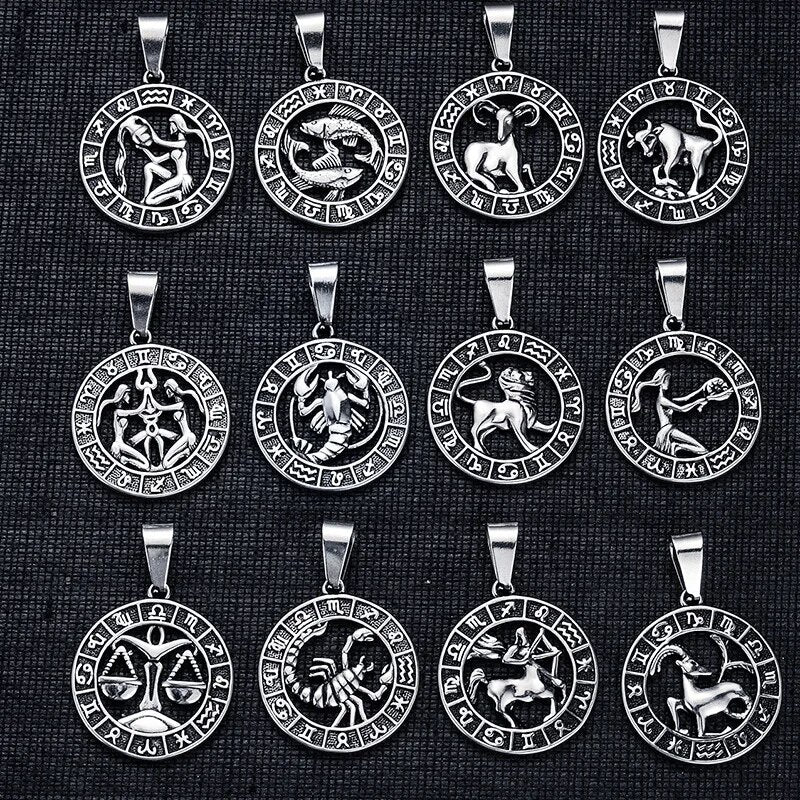 Round Design 12 Zodiac Sign Constellations Horoscope Stainless Steel Pendant Necklace Chains