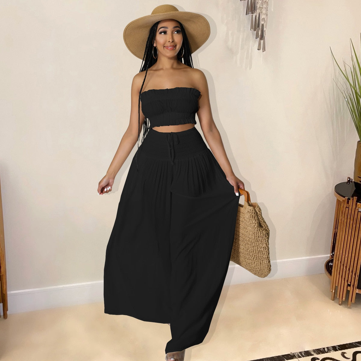 Women's Vacation 2 Piece Outfits Strapless Tube Crop Top and Wide Leg Loose Pants with Pockets 2023 Fashion Beachwear Tracksuit