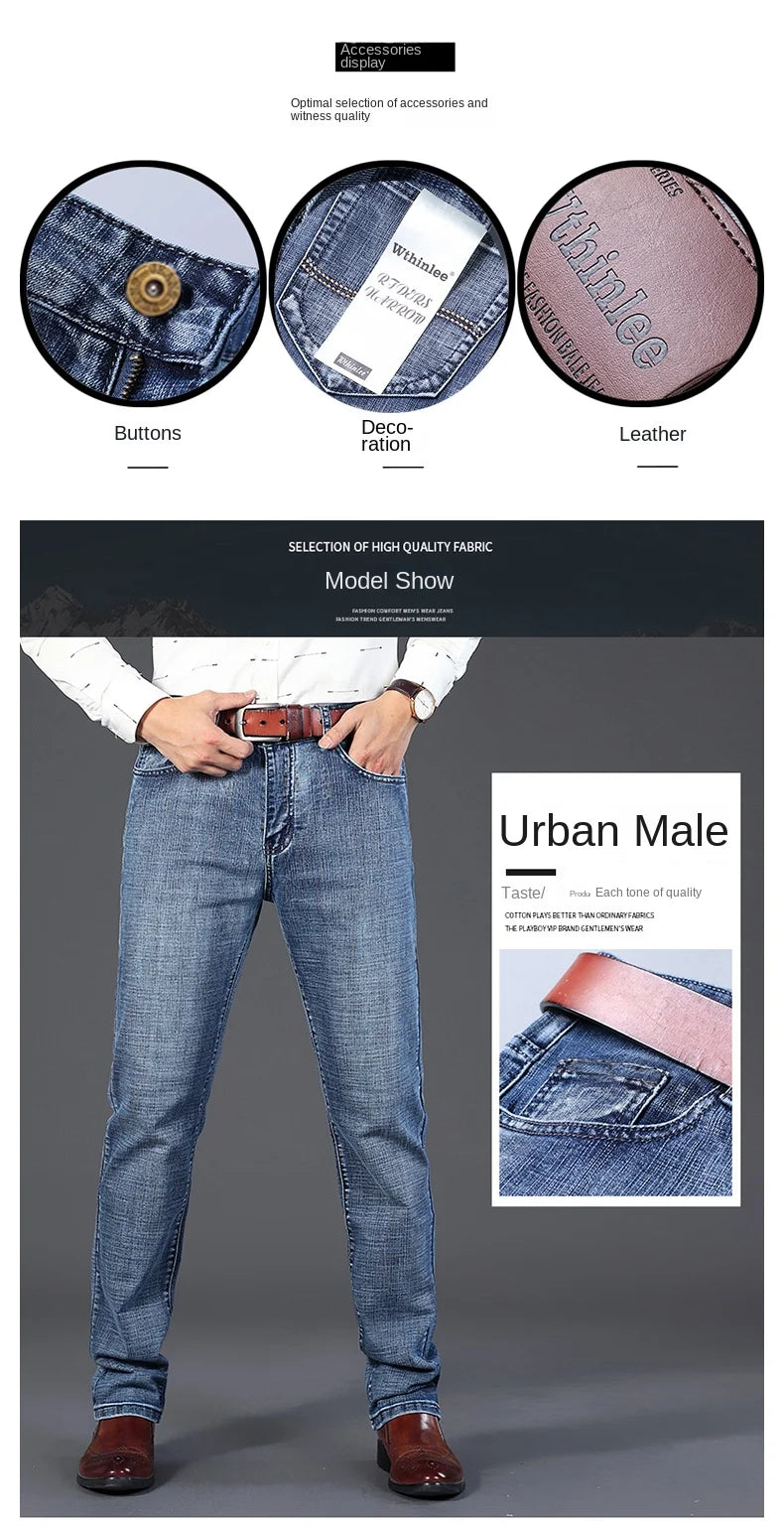 Wthinlee New Business Men's Jeans Casual Straight Stretch Fashion Classic Blue Black Work Denim Trousers Male Brand Clothing
