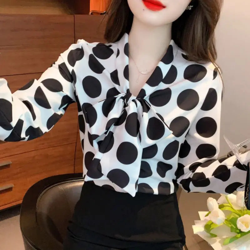 Vintage Polka Dot Bow Lacing Shirt Tops Spring Autumn New Long Sleeve Chiffon Loose Elegant Blouse Fashion Office Women Clothing