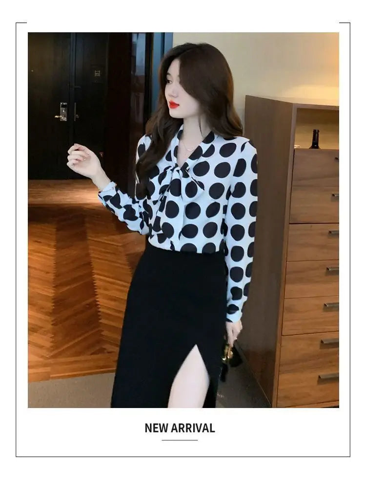 Vintage Polka Dot Bow Lacing Shirt Tops Spring Autumn New Long Sleeve Chiffon Loose Elegant Blouse Fashion Office Women Clothing