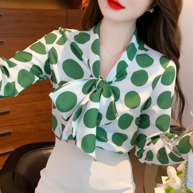 Vintage Polka Dot Bow Lacing Shirt Tops Spring Autumn New Long Sleeve Chiffon Loose Elegant Blouse Fashion Office Women Clothing