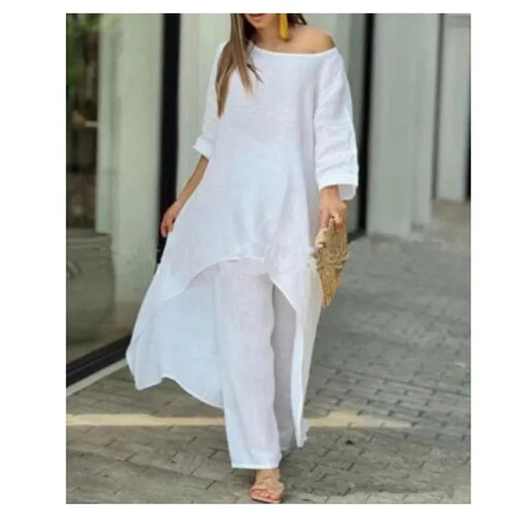 Women's Clothing, Linen And Cotton Suit, Long Sleeved Top, Oversized Pants, 2024 Informal Party Set Women's 2-piece Set