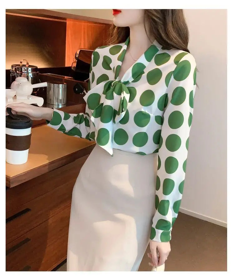 Vintage Polka Dot Bow Lacing Shirt Tops Spring Autumn New Long Sleeve Chiffon Loose Elegant Blouse Fashion Office Women Clothing