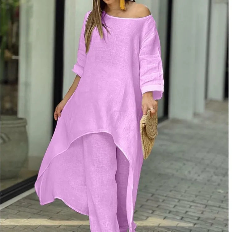 Women's Clothing, Linen And Cotton Suit, Long Sleeved Top, Oversized Pants, 2024 Informal Party Set Women's 2-piece Set