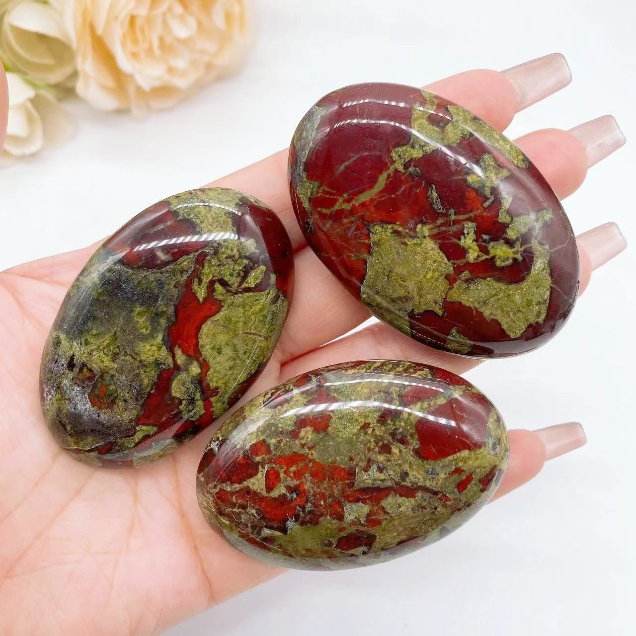 Natural Dragon Blood Stone Hot Compress Massage Palm Crystal Energy Reiki Healing Fingertip Toy Home Decoration Ellipse Gift