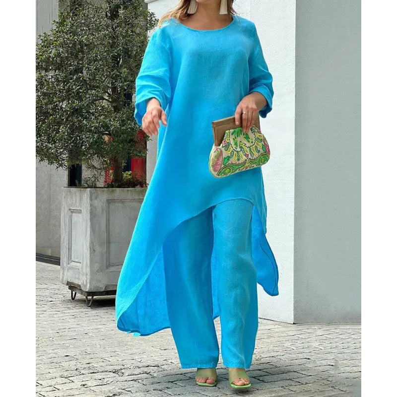 Women's Clothing, Linen And Cotton Suit, Long Sleeved Top, Oversized Pants, 2024 Informal Party Set Women's 2-piece Set