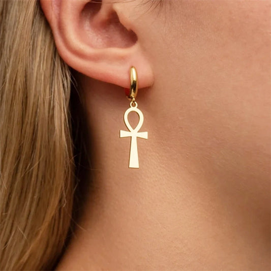 Tangula Women Gold Color Hoop Earrings Egyptian Ankh Cross Female Brincos Pendientes For Women Egypt Jewelry Party African Gift