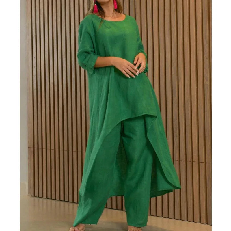 Women's Clothing, Linen And Cotton Suit, Long Sleeved Top, Oversized Pants, 2024 Informal Party Set Women's 2-piece Set