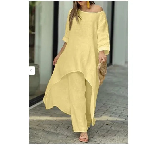 Women's Clothing, Linen And Cotton Suit, Long Sleeved Top, Oversized Pants, 2024 Informal Party Set Women's 2-piece Set