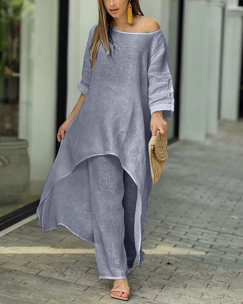 Women's Clothing, Linen And Cotton Suit, Long Sleeved Top, Oversized Pants, 2024 Informal Party Set Women's 2-piece Set