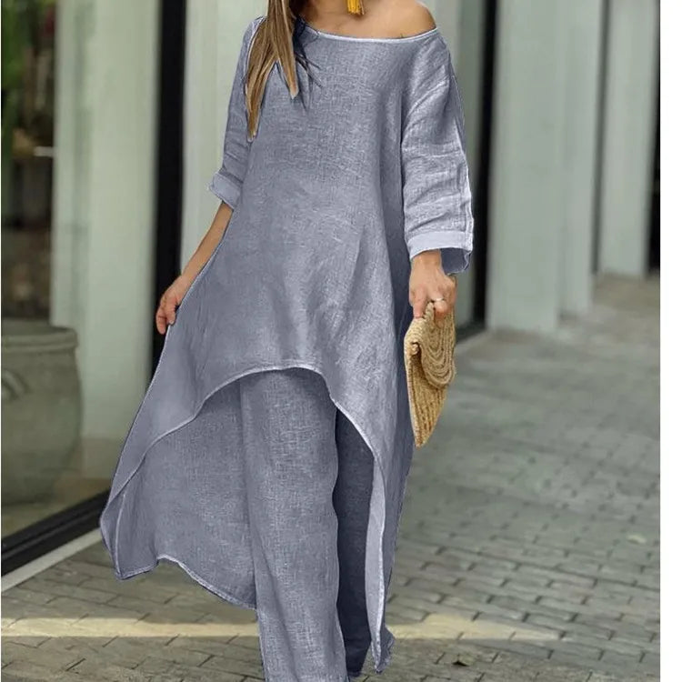 Women's Clothing, Linen And Cotton Suit, Long Sleeved Top, Oversized Pants, 2024 Informal Party Set Women's 2-piece Set